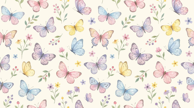 Elegant seamless pattern featuring charming watercolor butterflies with delicate wings, artistic hand-painted insect design for textile wallpaper background and decorative fabric illustration.