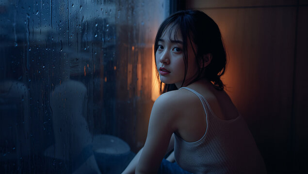 雨の窓辺で静かに横を向く日本人女性の物憂げな写真