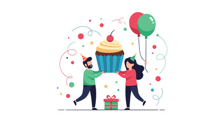 Fototapeta premium Happy man and woman wearing party hats holding a giant cupcake with a cherry on top surrounded by colorful confetti and balloons.