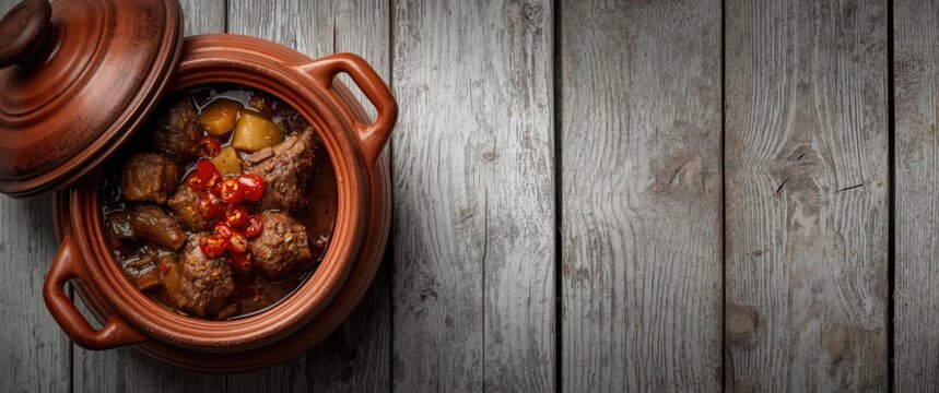 Turkish style lamb stew guvec topped with hot red pepper viewed from above on white rustic wood surface