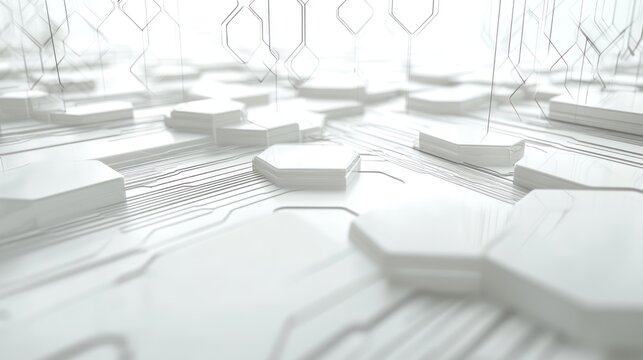 Abstract, white, hexagonal shapes with wire-like patterns in a bright, stylized scene