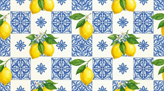 Elegant Mediterranean seamless pattern with hand drawn watercolor yellow lemons and ornate blue ceramic tiles. Traditional Sicilian citrus fruit background for textile and wallpaper design.