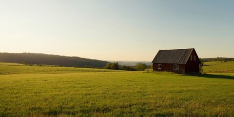 Fototapeta premium Solitary red dwelling in pastoral scene with cityscape on the far horizon