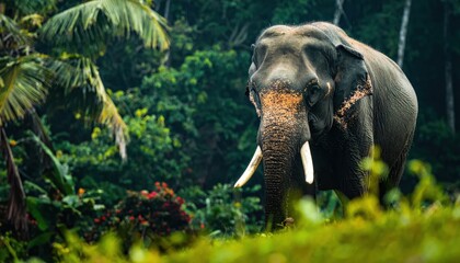 Fototapeta premium An Asian elephant stands majestically, surrounded by lush green foliage in a tropical setting