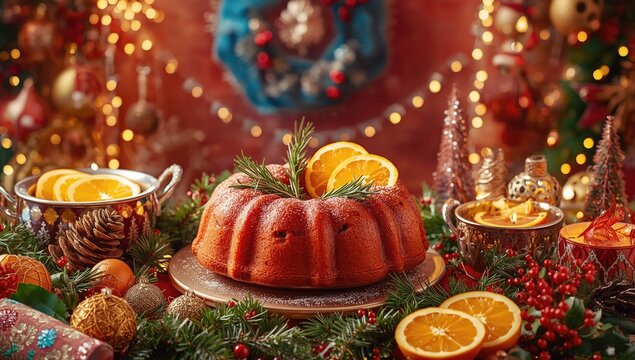 Colorful Christmas bundt cake adorned with rosemary and orange garnishes surrounded by bright holiday d&Atilde;&copy;cor and twinkling lights
