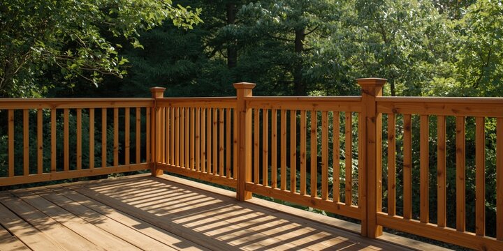 Wooden picket fence with natural stain enhancing a deck perimeter