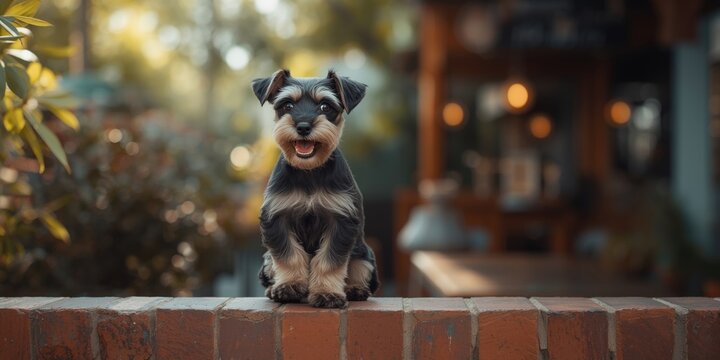 Joyful schnauzer puppy with folded ears balancing on brick ledge at outdoor cafe setting with copy space