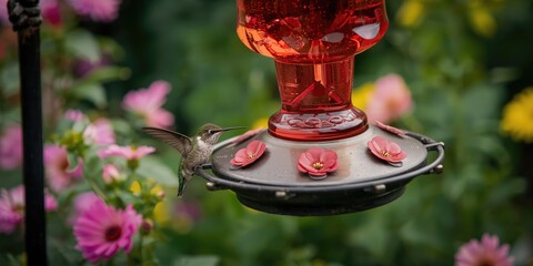 Obraz premium Timeless hummingbird feeder set in a garden thriving with colorful flowers