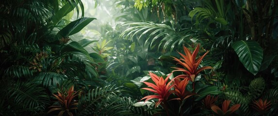 Obraz premium Lush tropical forest composition showcasing rich green leaves and vibrant flowering plants