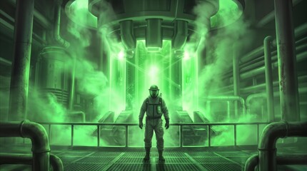 Obraz premium Hazmat suit worker standing before a glowing green reactor core in a high-tech industrial facility. Toxic gas and steam filling the research laboratory during a critical experiment.