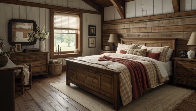 Comfortable farmhouse bedroom setup with handmade quilts and rustic finishes
