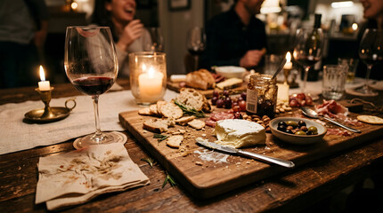 Fototapeta premium Half-eaten charcuterie board with leftover crumbs and smeared cheese after a party