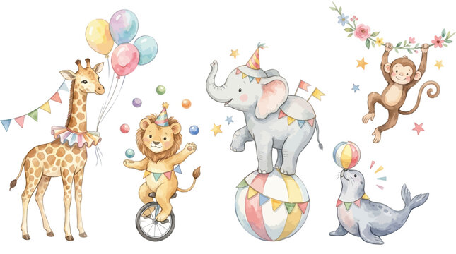 Watercolor nursery circus animal collection featuring hand drawn baby giraffe lion elephant seal and monkey with colorful balloons and festive garlands for baby shower and kids room decor.