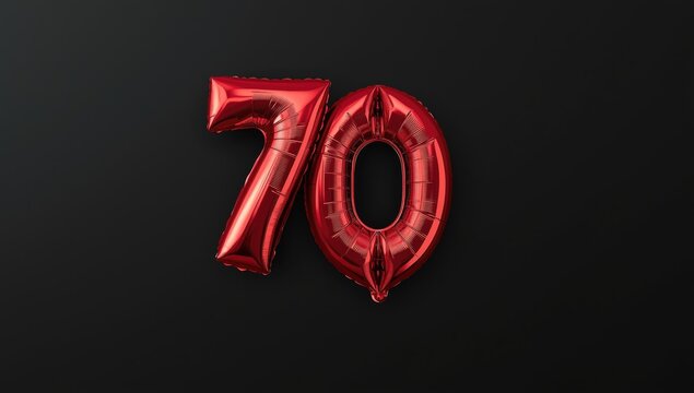 Red foil balloon showing 70th birthday on black background with copy space for messages
