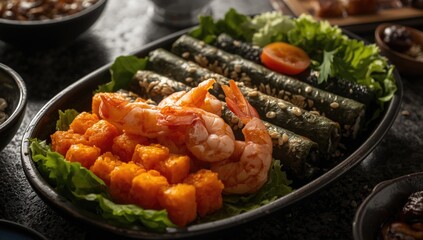 Fototapeta premium Korean cuisine platter with sweet pumpkin and shrimp seaweed rolls