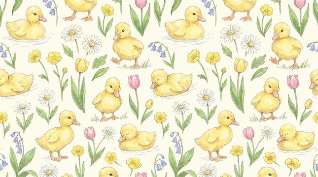 Charming seamless pattern featuring adorable yellow ducklings and blooming spring flowers. Hand-drawn artistic sketch ideal for infant nursery textiles, festive Easter decor, and whimsical gift wrap.