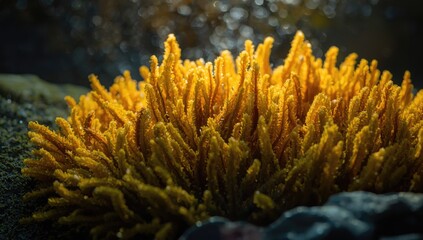 Naklejka premium Sunlit golden sea moss Euchema cottonii on coastal display