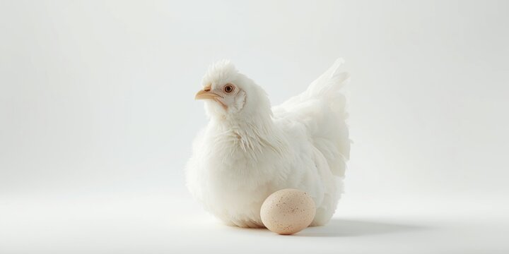 White poultry hen with a smooth egg placed on a white studio background