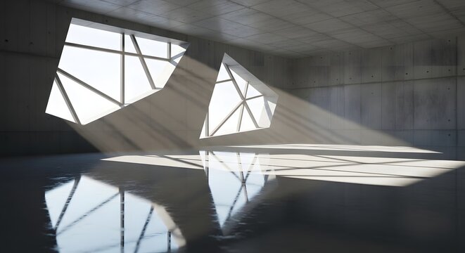Modern concrete interior with abstract geometric windows and dramatic sunlight streaming across polished floor