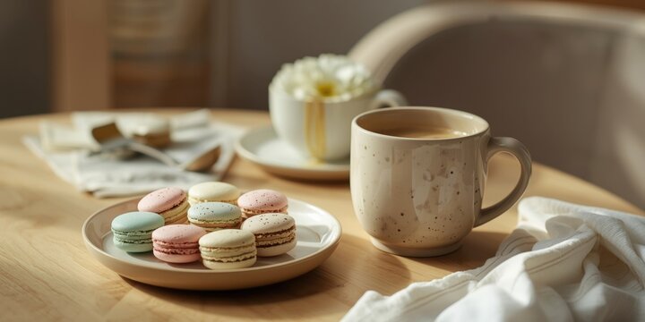Sweet macaroons and bold coffee presented for a relaxing breakfast