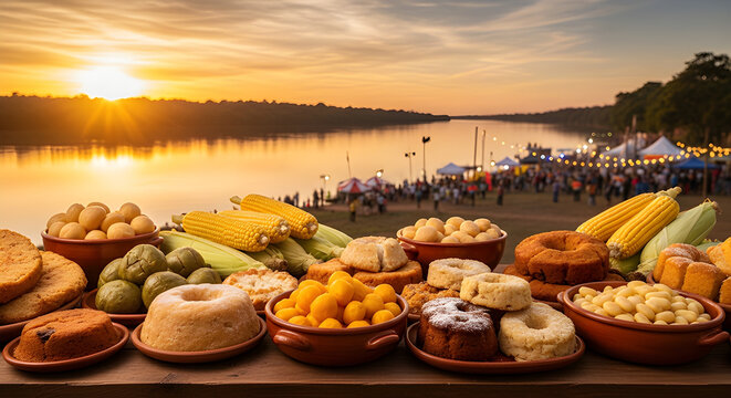 Festive Brazilian S&atilde;o Jo&atilde;o Food Banquet at Sunset by the River