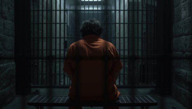 Lonely prisoner wearing orange outfit sitting from behind on a bench inside a jail cell showing confinement and isolation