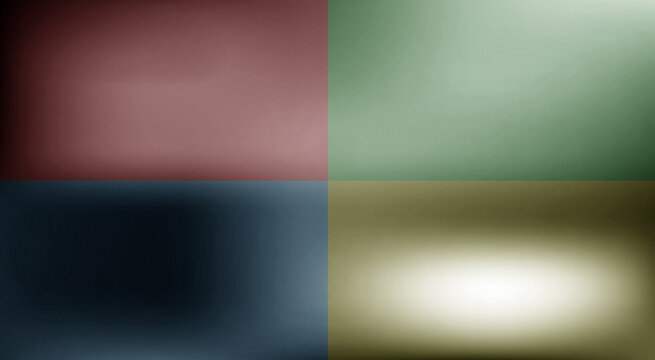 Abstract background with four quadrants in muted red, green, blue, and gold colors with soft gradient lighting