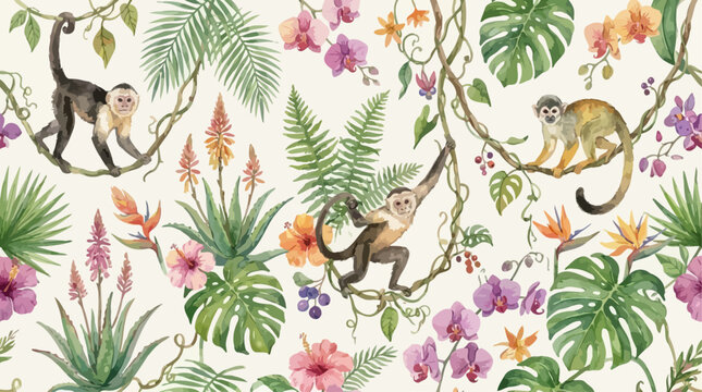 Vibrant Seamless Watercolor Illustration of Tropical Monkeys amidst Exotic Flora Aloe Vera Blossoms and Whimsical Jungle Vines for Textile Fabric or Botanical Interior Wallpaper Decor