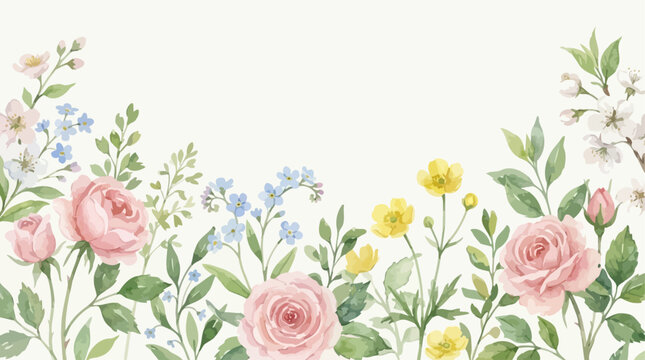 Panoramic watercolor floral banner featuring dainty spring blossom and lush greenery. Elegant botanical illustration hand painted as a decorative wide border for website header and design.