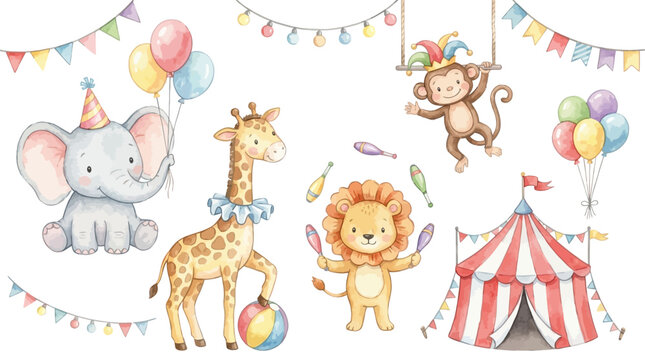 Adorable Watercolor Circus Illustration Set Featuring Cute Baby Animals Elephant Giraffe Lion Monkey Playful Clowns Colorful Tent Balloons and Garlands Hand Drawn Clipart for Nursery Decor