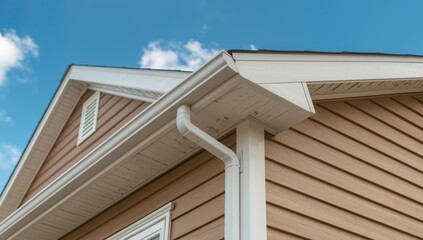 Fototapeta premium Horizontal vinyl siding enhanced by white gutter guard system including fascia, drip edge, and soffit on family house
