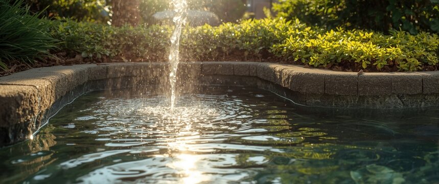 Sunshine illuminates water pooling basin below yard gutter