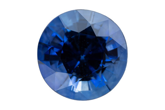 Natural blue sapphire gemstone, round brilliant cut, isolated on transparent background