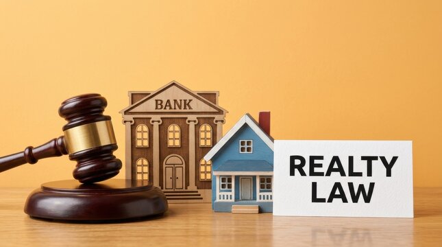 Realty law concept with judge gavel and house model, real estate legal services and property litigation, bank foreclosure and mortgage law