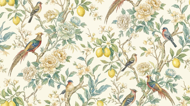 Seamless Chinoiserie Floral Pattern Featuring Vintage Botanical Branches Chirping Birds Yellow Lemons and Elegant Bloom Wallpaper for Luxury Interior Decorative Backdrop