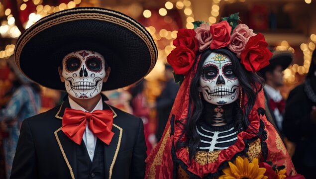 Day of the Dead wallpaper featuring lively Catrin and Catrina figures in traditional Mexican style