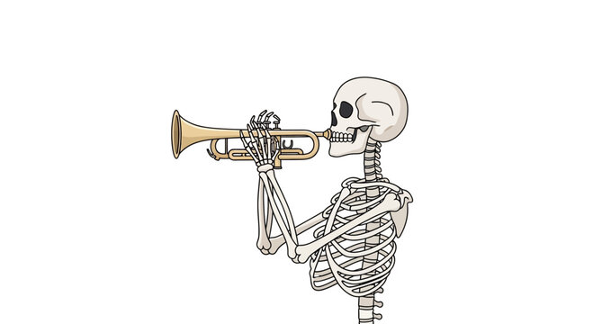 Skeleton playing trumpet, isolated on white background, illustration