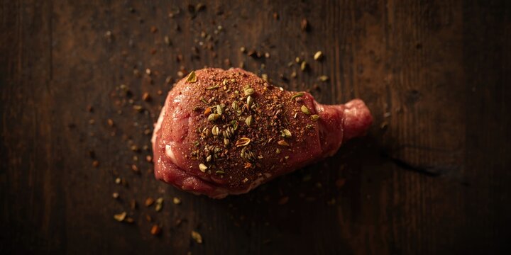 Top view of raw beef osso bucco with herb blend and spice rub on dark wood rustic table