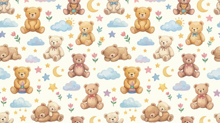 Fototapeta premium Whimsical acrylic seamless pattern featuring adorable brown teddy bear for nursery wallpaper design cute stuffed animal illustration for baby textile and wrapping paper art