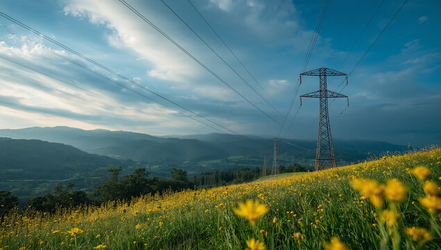 山間の送電線と空の余白を組み合わせた電力広告向け背景
