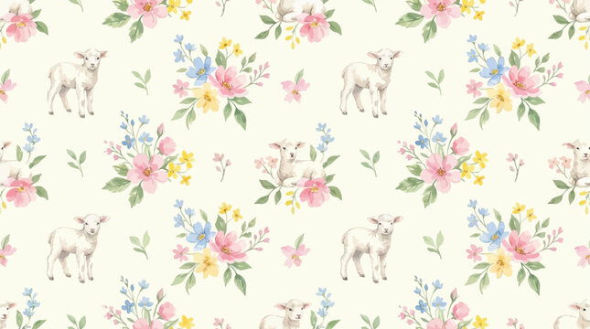 Seamless watercolor floral pattern with delicate spring blossom petals and green leaf foliage on a white background for elegant textile design and artistic scrapbooking projects.
