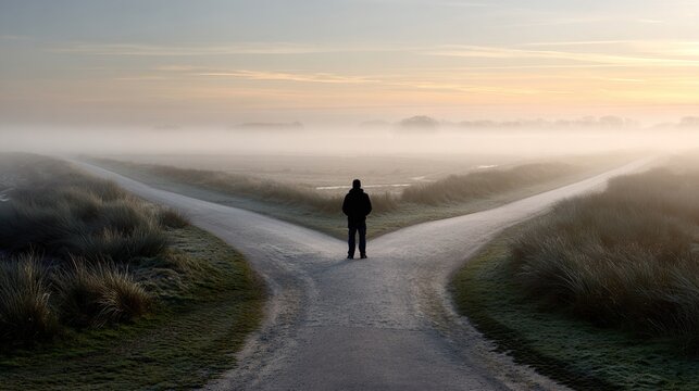 fork. A person at a fork in a road, two paths into a misty morning landscape. wellbeing guides, coaching materials, designed for coaching and self-improvement content, used by architects.