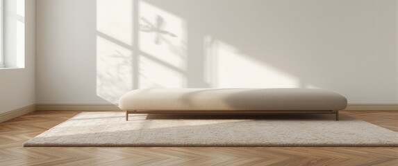 Fototapeta premium Rendered interior of a contemporary living space featuring a sofa and carpet next to a white wall with parquet flooring