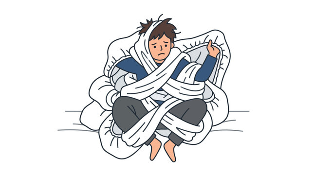 Frustrated man tangled in white sheets, feeling trapped and overwhelmed