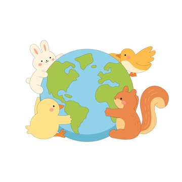 Cute Animals Hugging Earth Cartoon Illustration for Environment, Nature Conservation, and Earth Day Design