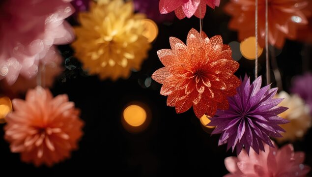 Shimmering paper flower decorations in a range of bright colors with bokeh lighting on black backdrop for celebrations