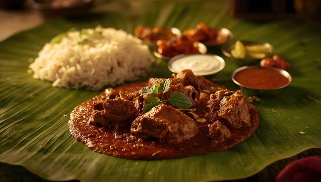Savory Indian spicy mutton curry combined with fragrant rice and colorful side dishes arranged on banana leaf