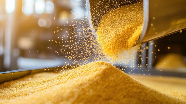 Close up of granular grain product falling from a chute