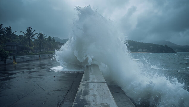 台風の高潮で巨大な波が防潮堤に打ち寄せる海岸
