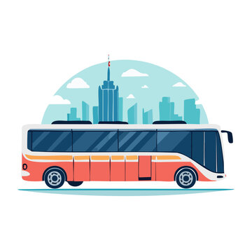 Flat design illustration of a bus in a city skyline